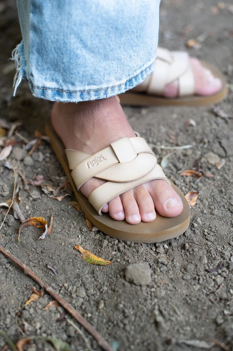 Flojos Salud Tan Sandal with faux leather upper, perfect for stylish coastal boutique clothing and Port Aransas beachwear.