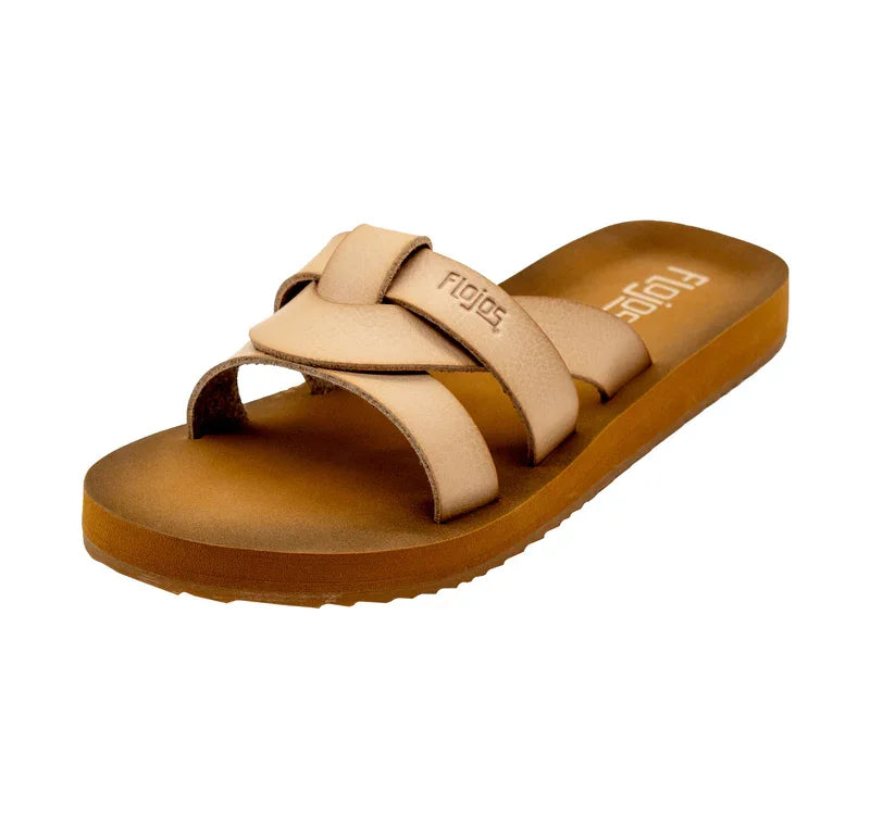 Flojos Salud Tan Sandal with faux leather upper, perfect for coastal boutique clothing and stylish women's fashion.