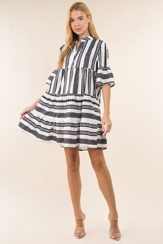 TRIBAL STRIPED BLACK AND WHITE DRESS from Raggdoll Boutique, perfect for trendy coastal style in Port Aransas.