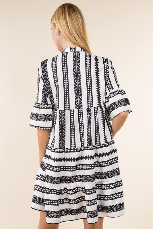 TRIBAL STRIPED BLACK AND WHITE DRESS showing back view, perfect for summer outfits Texas at Raggdoll Boutique.