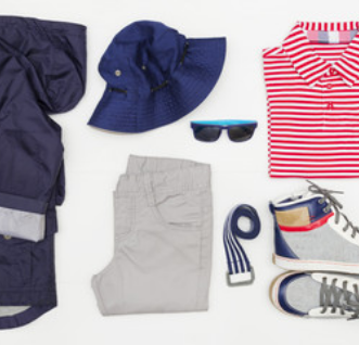 Fake Product for website 4 - trendy coastal style clothing including hat, sunglasses, shirt, shorts, and shoes.