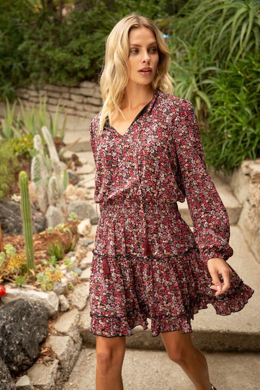 BURGUNDY RUFFLE SKIRT GOLDEN FLORAL DRESS worn in a coastal setting, perfect for trendy summer outfits Texas.