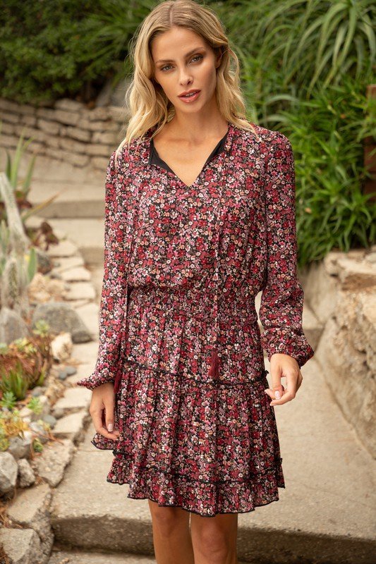 BURGUNDY RUFFLE SKIRT GOLDEN FLORAL DRESS from Raggdoll Boutique, perfect for summer outfits Texas and trendy coastal style.