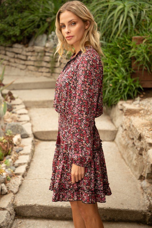 Burgundy Ruffle Skirt Golden Floral Dress from Raggdoll Boutique, perfect for summer outfits in Port Aransas.