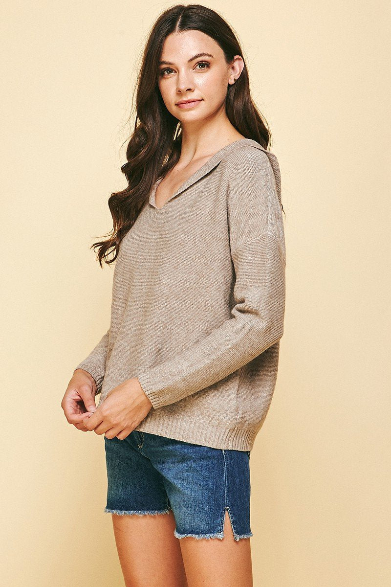SOFT OATMEAL SWEATER WITH HOOD styled with denim shorts, perfect for summer outfits Texas from Raggdoll Boutique.