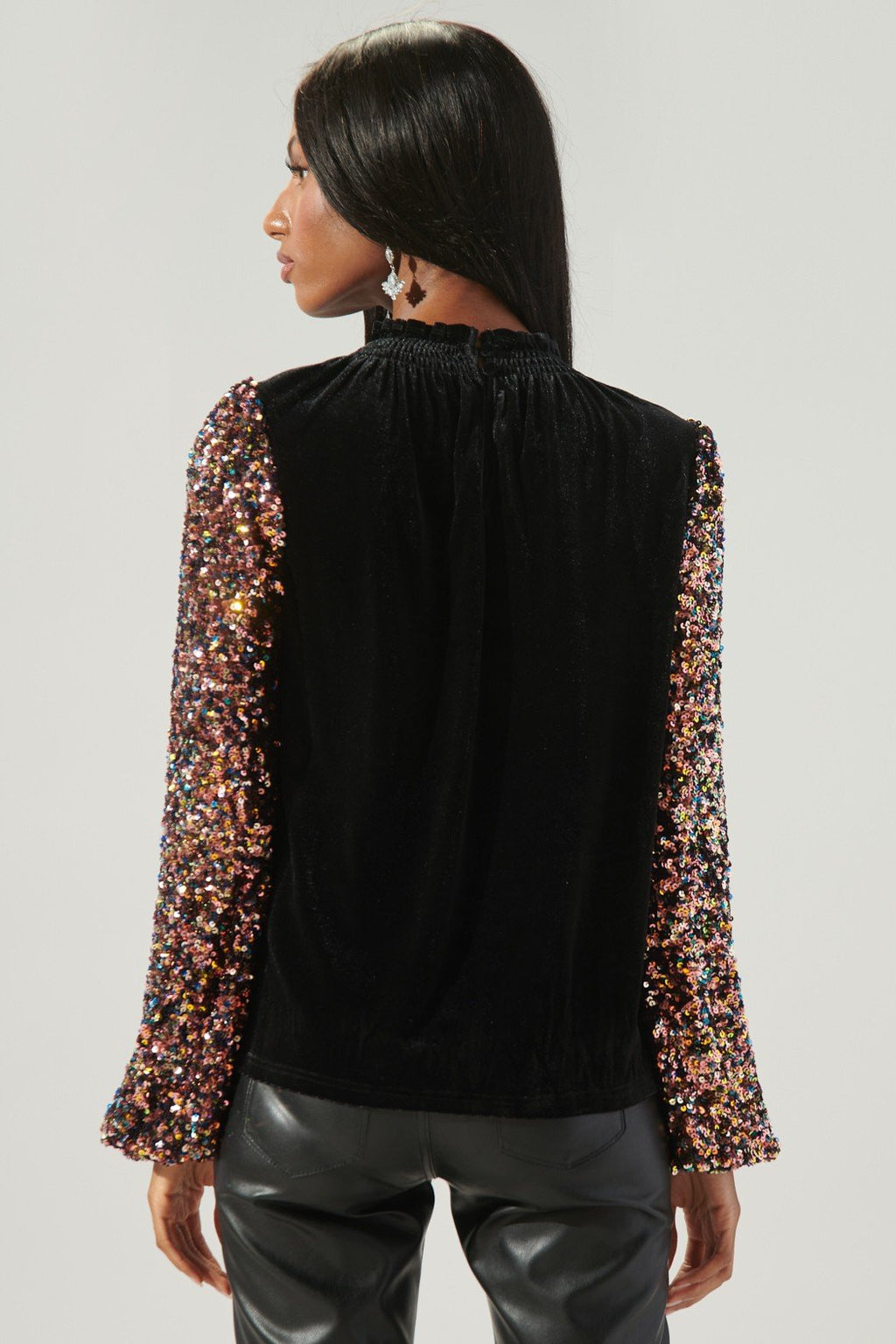 Black Velvet top with Sequin Detail Sleeves showcasing elegant design by Raggdoll Boutique.