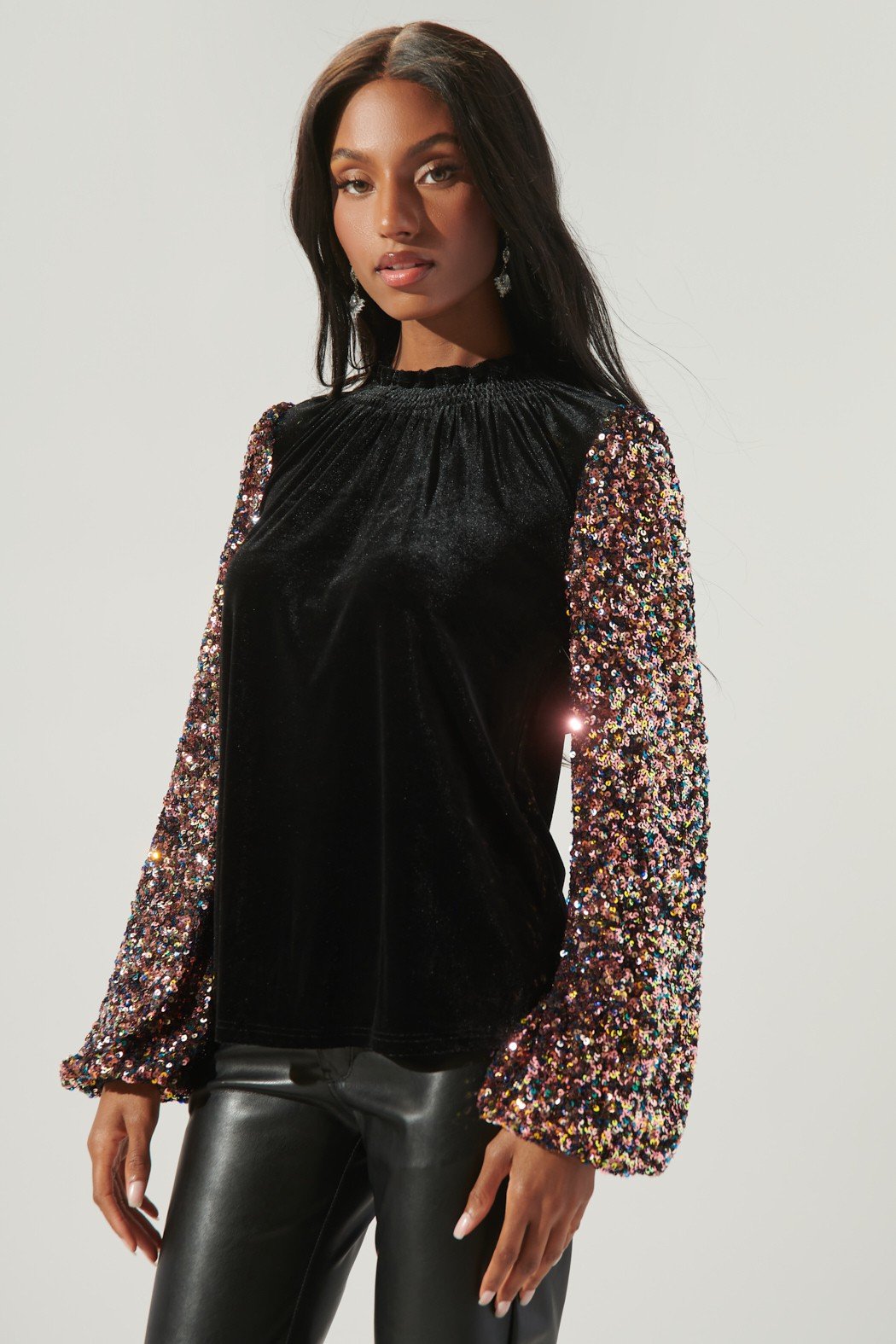 Black Velvet top with Sequin Detail Sleeves from Raggdoll Boutique, perfect for trendy coastal style summer outfits.