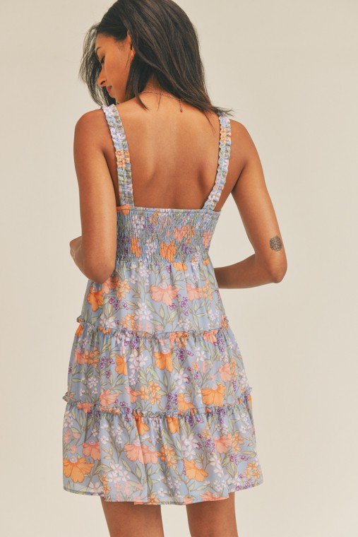 BLUE MULTI FLORAL DRESS WITH FRONT DETAIL from Raggdoll Boutique, perfect for summer outfits in Port Aransas.