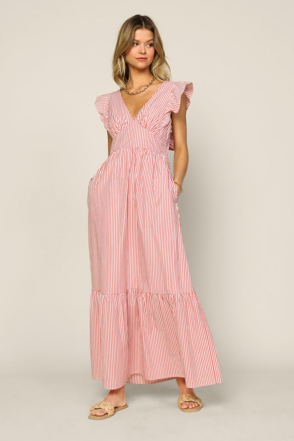 Coral Crush Stripe Maxi from Raggdoll Boutique, a trendy coastal style dress perfect for summer outfits Texas.