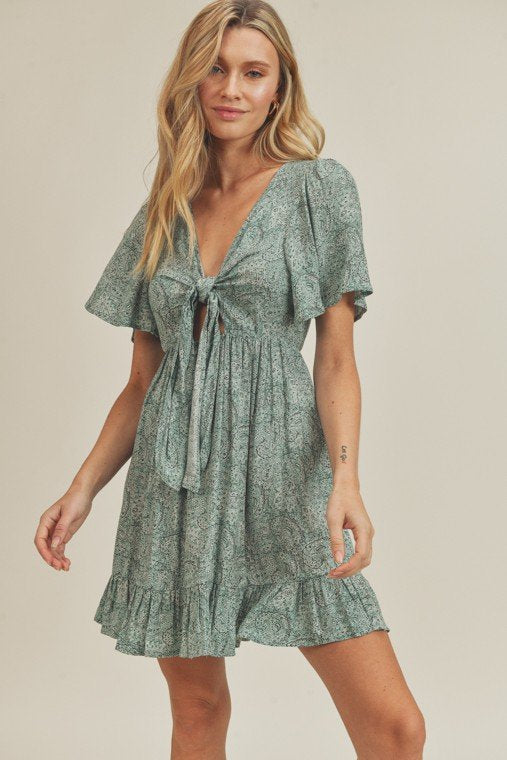 SPRING GREEN PAISELY TIE FRONT DRESS from Raggdoll Boutique, perfect for summer outfits Texas and trendy coastal style.
