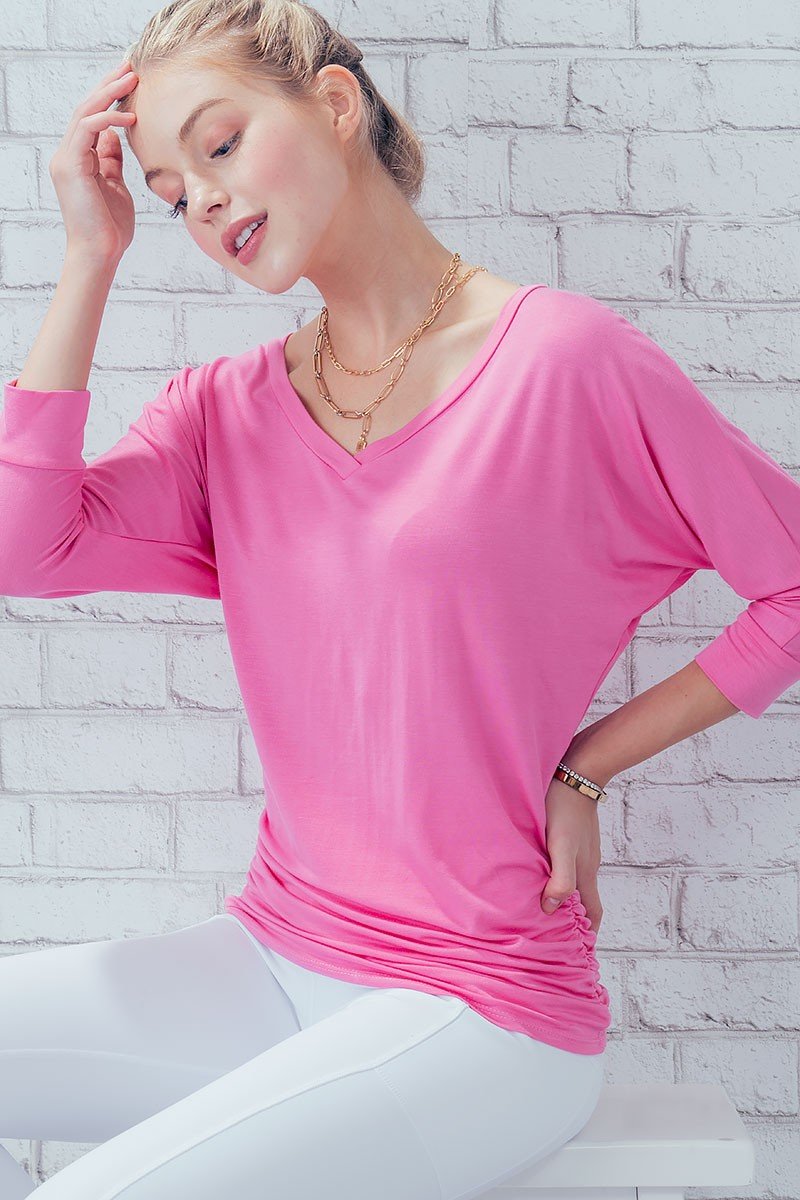 PINK MODAL RUCHED TUNIC TOP styled with white leggings, perfect for summer outfits Texas from Raggdoll Boutique.