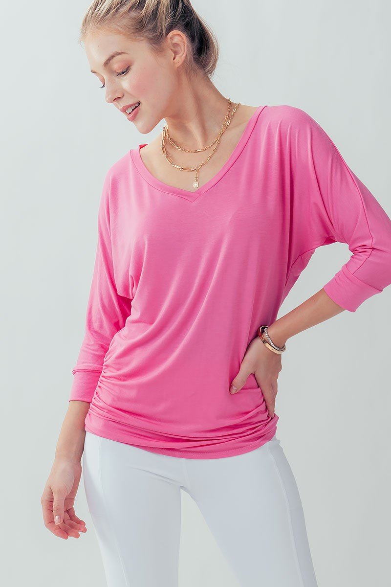 PINK MODAL RUCHED TUNIC TOP worn by model in trendy coastal style from Raggdoll Boutique.