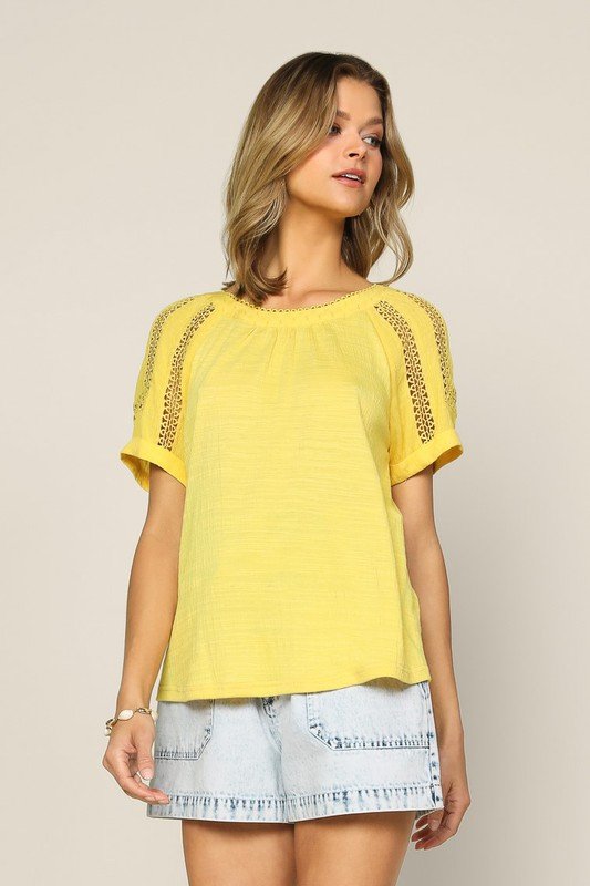 POWDER YELLOW LACE DETAIL TOP from Raggdoll Boutique for trendy coastal style and summer outfits Texas.