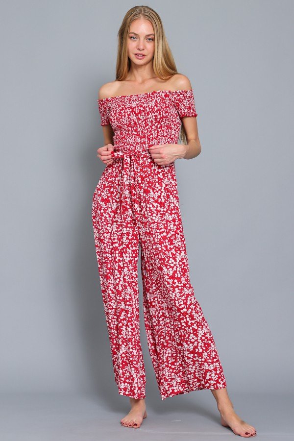OFF-SHOULDER RED/WHITE JUMPSUIT from Raggdoll Boutique, perfect for summer outfits in Texas and coastal vacation wardrobes.