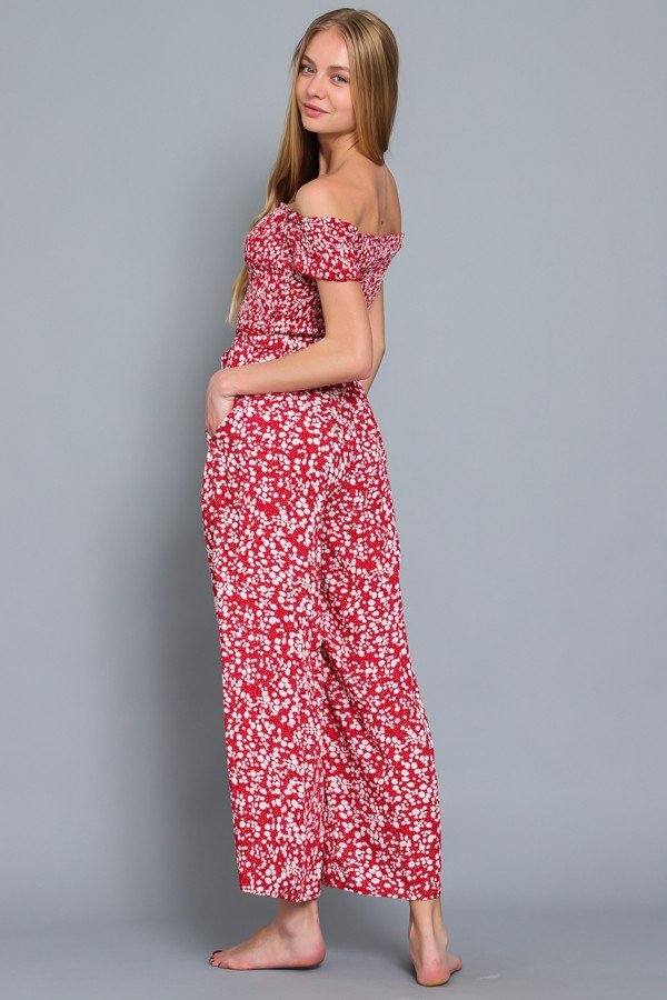 OFF-SHOULDER RED/WHITE JUMPSUIT from Raggdoll Boutique, featuring trendy coastal style for summer outfits Texas.