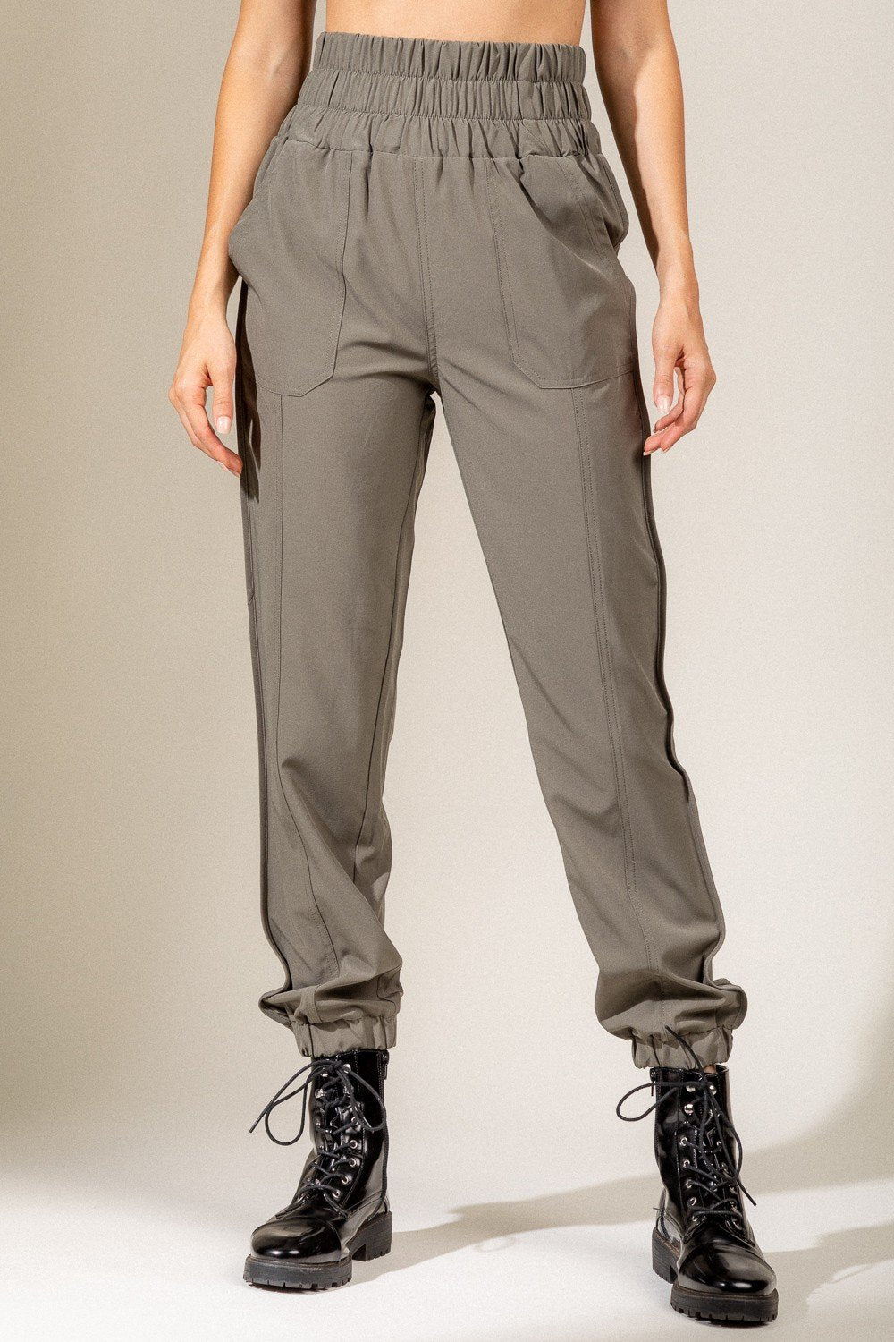 ARMY/BLACK JOGGERS WITH ELASTIC WAIST from Raggdoll Boutique in trendy coastal style.