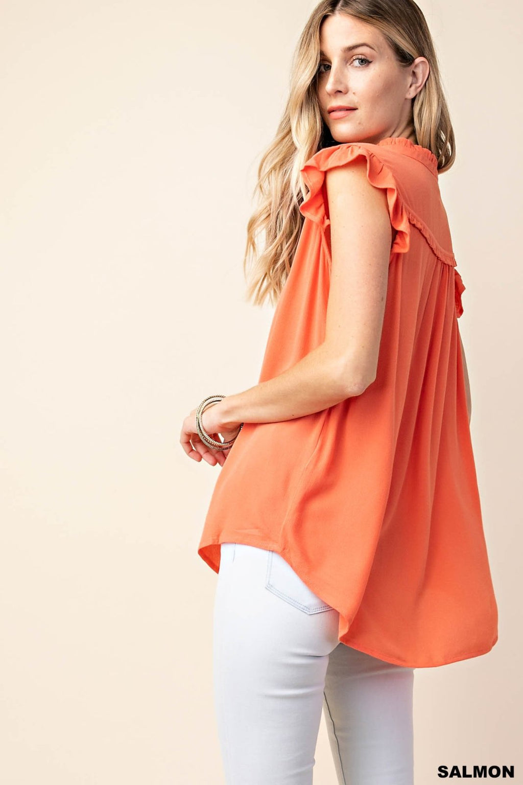 CORAL RUFFLED SLEEVE TOP in vibrant coral, perfect for summer outfits Texas at Raggdoll Boutique.