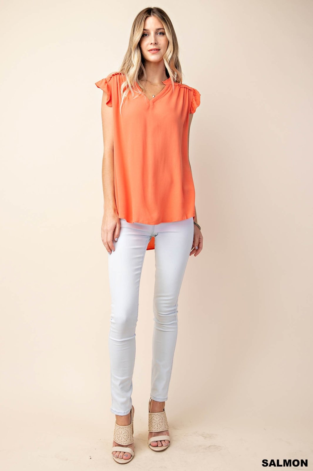 CORAL RUFFLED SLEEVE TOP from Raggdoll Boutique, perfect for trendy coastal style and summer outfits.