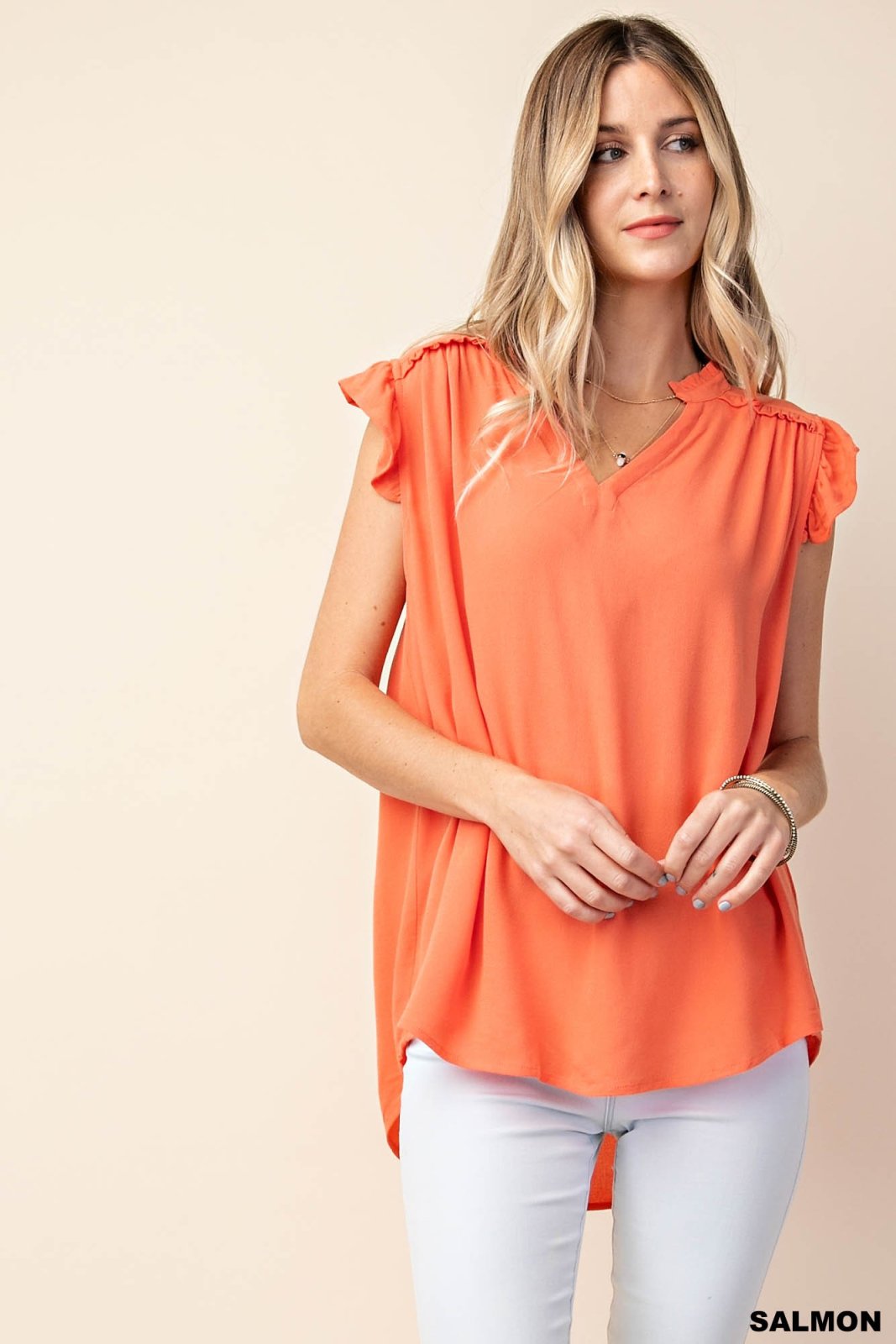 CORAL RUFFLED SLEEVE TOP from Raggdoll Boutique perfect for summer outfits in Texas and coastal fashion.