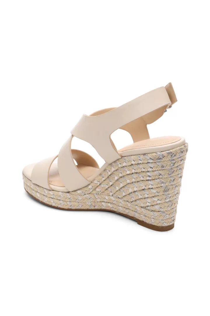 Liverpool Leather Ecru Wedge Sandal side view showcasing trendy coastal style from Raggdoll Boutique.