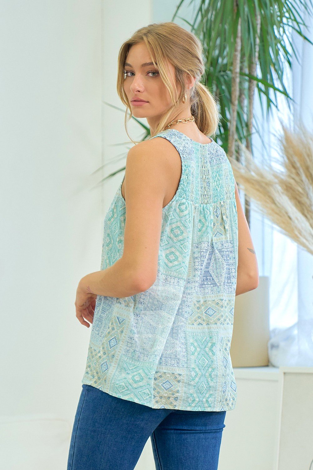 MINT/BLUE PATTERN TOP from Raggdoll Boutique, perfect for summer outfits Texas with trendy coastal style.