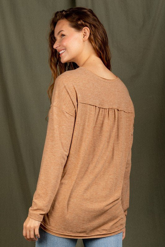 OH SO SOFT V-NECK TOP  BRICK/MOCHA shown on model, perfect for summer outfits Texas and coastal fashion boutique.