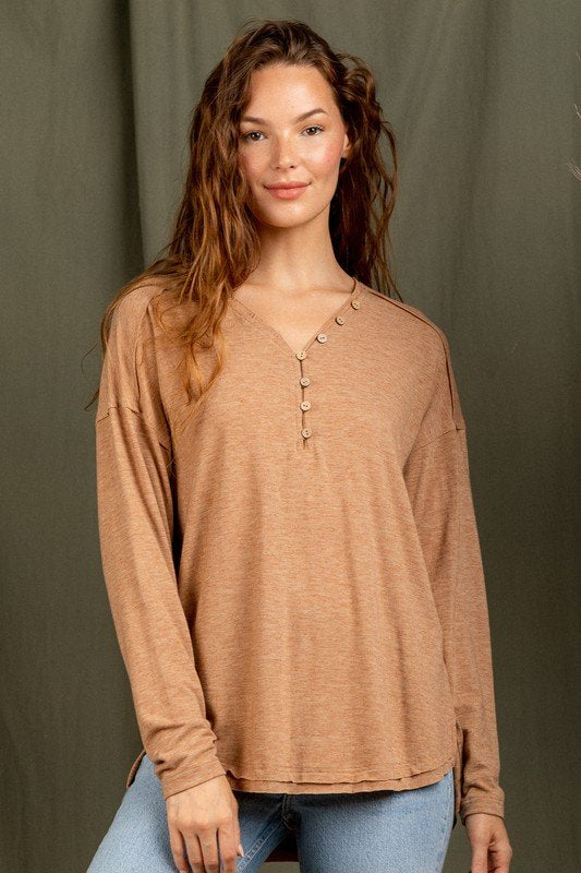 OH SO SOFT V-NECK TOP  BRICK/MOCHA from Raggdoll Boutique, trendy coastal style, perfect for summer outfits in Texas.
