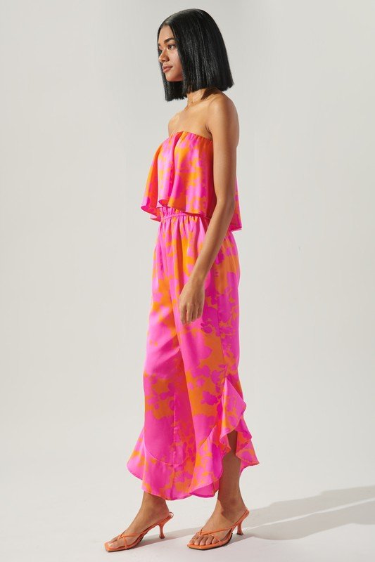 FUN FLORAL STRAPLESS JUMPSUIT featured at Raggdoll Boutique, stylish summer outfit for vacation wardrobe.