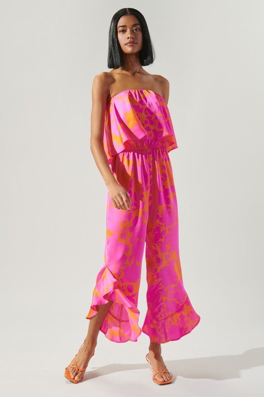 FUN FLORAL STRAPLESS JUMPSUIT from Raggdoll Boutique, featuring wide leg and ruffle detail, perfect for summer outfits Texas.
