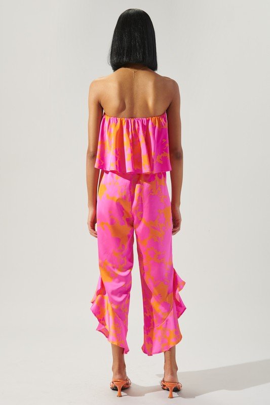 FUN FLORAL STRAPLESS JUMPSUIT with ruffle detail, wide leg pants, perfect for summer outfits Texas and vacation wardrobe boutique.
