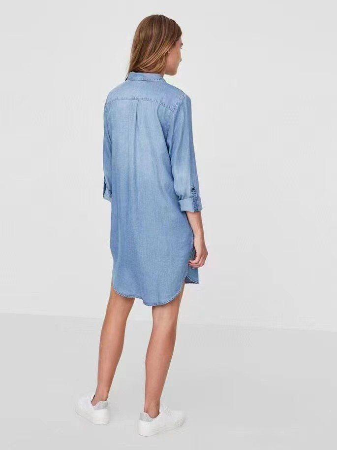 Back view of the HOPE HORIZON DENIM LONG SLEEVE BUTTON DRESS featuring a casual style, perfect for summer outfits Texas.