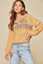 SAVANNA JANE MARIGOLD TOP featuring leopard printed embroidery and banded sleeves, perfect for summer outfits Texas.