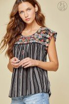 BLACK PLUS SAVANNA JANE TOP with flutter sleeves and floral embroidery from Raggdoll Boutique.