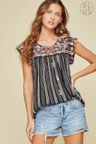 BLACK PLUS SAVANNA JANE TOP with flutter sleeves and embroidery, perfect for trendy coastal style at Raggdoll Boutique.