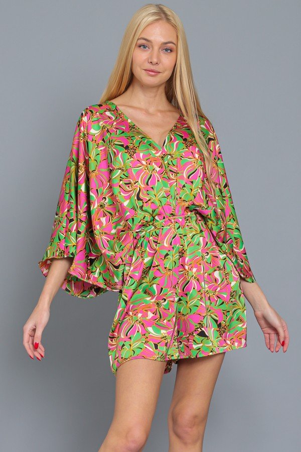 GREEN/PINK PRINT DOLMAN SLEEVE ROMPER from Raggdoll Boutique, perfect for summer outfits and coastal fashion.