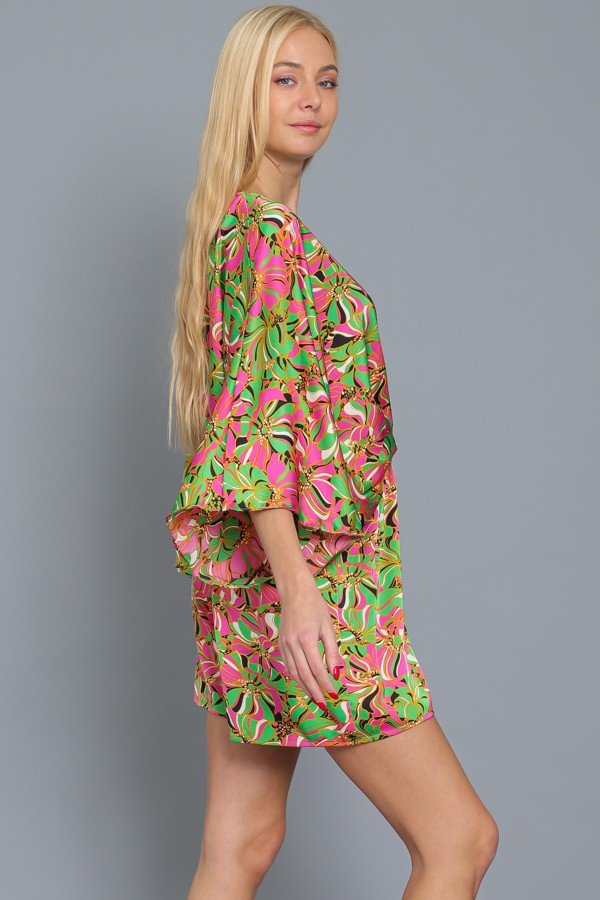 GREEN/PINK PRINT DOLMAN SLEEVE ROMPER from Raggdoll Boutique, trendy coastal style for summer outfits Texas.