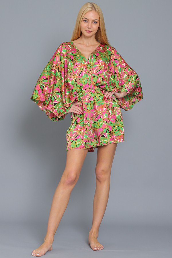 GREEN/PINK PRINT DOLMAN SLEEVE ROMPER from Raggdoll Boutique, perfect for summer outfits Texas and coastal fashion.