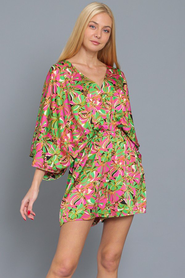 GREEN/PINK PRINT DOLMAN SLEEVE ROMPER from Raggdoll Boutique, ideal for trendy coastal summer outfits in Texas.