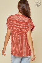 Back view of PLUS STRIPED EMBROIDERED DETAIL TOP showcasing embroidered detail and dolman sleeves.