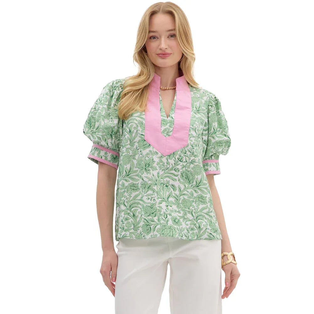 Nora Plus Top: Green floral blouse with pink accents, perfect for curvy plus size fashion at coastal boutique clothing.