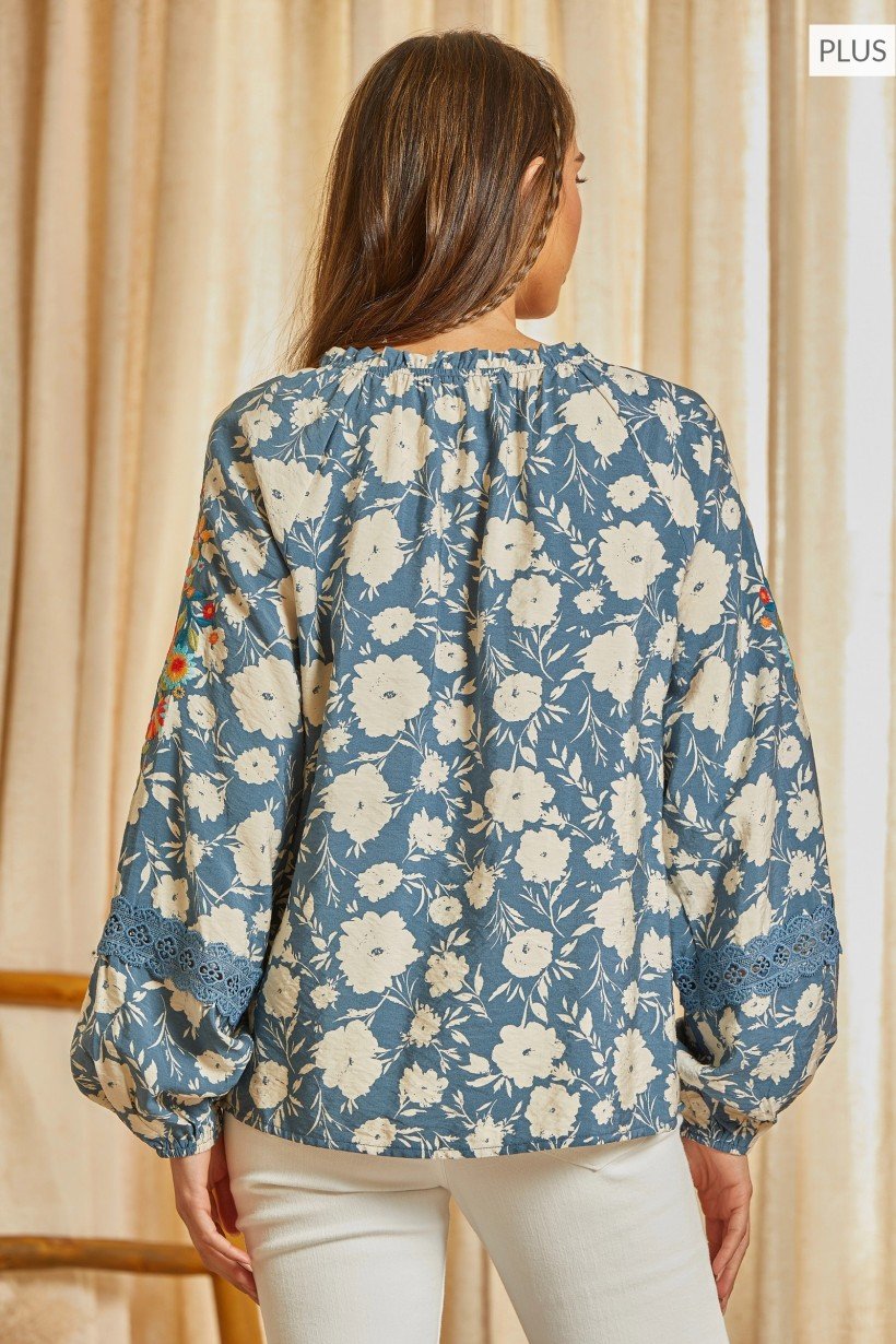DENIM PRINT PLUS TOP SAVANNAH JANE back view, trendy style from Raggdoll Boutique, perfect for summer outfits Texas.