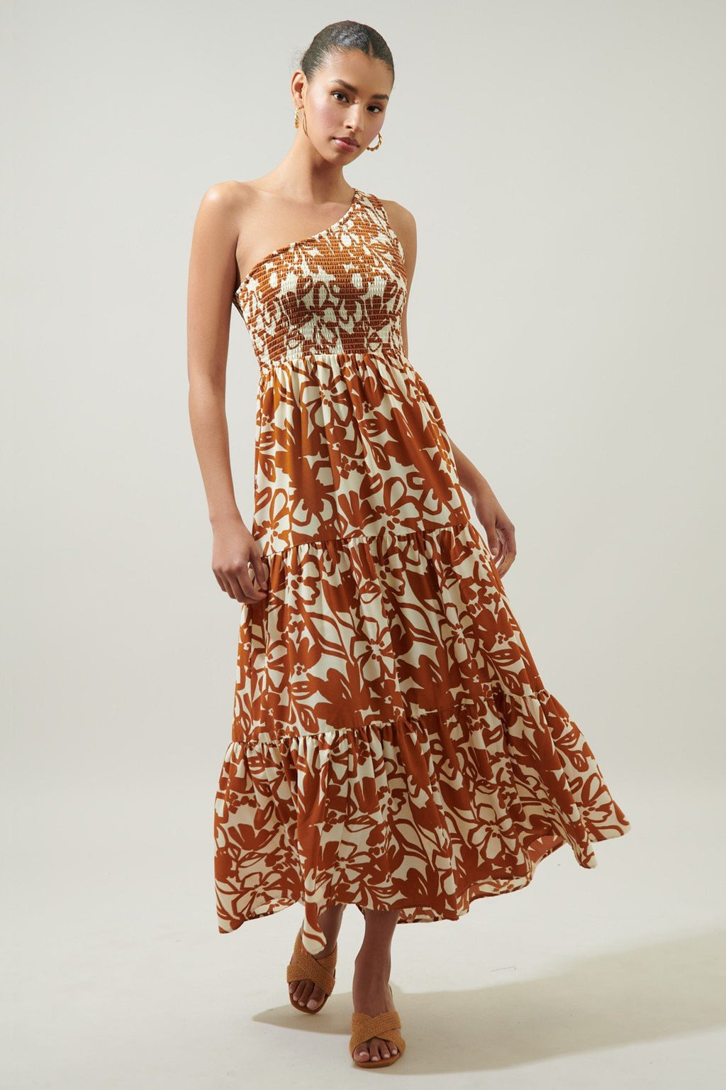 MARIDA CARAMEL FLORAL ONE SHOULDER DRESS from Raggdoll Boutique, perfect for summer outfits in Texas.