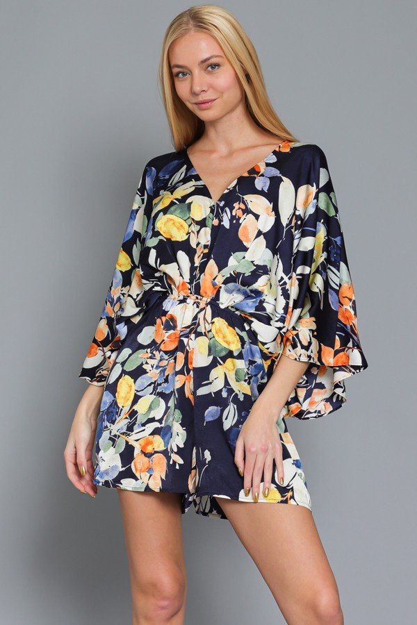 FUN KIMONO SLEEVE NAVY/MULTI ROMPER from Raggdoll Boutique, perfect for summer outfits Texas and vacation wardrobe boutique.