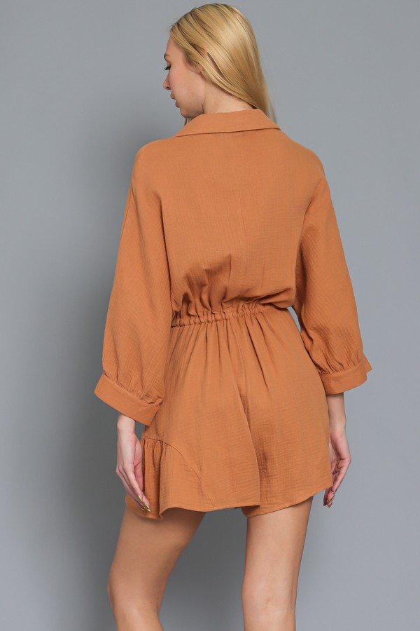 VINTAGE BROWN 3/4 DOLMAN SLEEVE ROMPER back view showcasing trendy coastal style from Raggdoll Boutique.