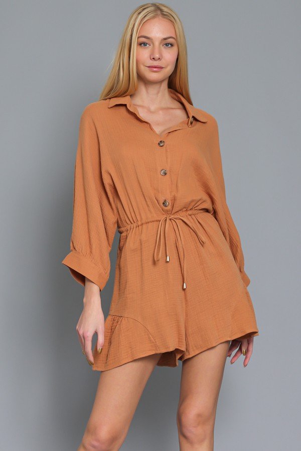 VINTAGE BROWN 3/4 DOLMAN SLEEVE ROMPER from Raggdoll Boutique, perfect for summer outfits in Texas.