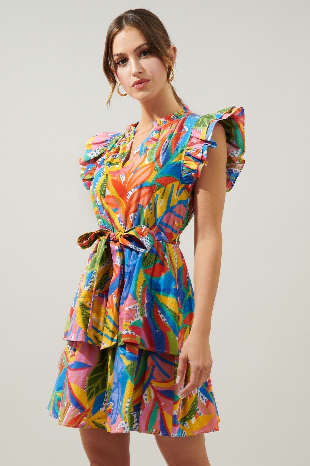 WALKING ON SUNSHINE DRESS featuring colorful tropical print and ruffled sleeves, ideal for summer outfits Texas from Raggdoll Boutique.