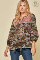 CAMO PLUS LS EMBROIDERED TOP featuring tassel tie closure and vibrant embroidery, perfect for trendy coastal style.