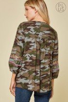 CAMO PLUS LS EMBROIDERED TOP featuring fun embroidery and tassel tie closure, from Raggdoll Boutique.