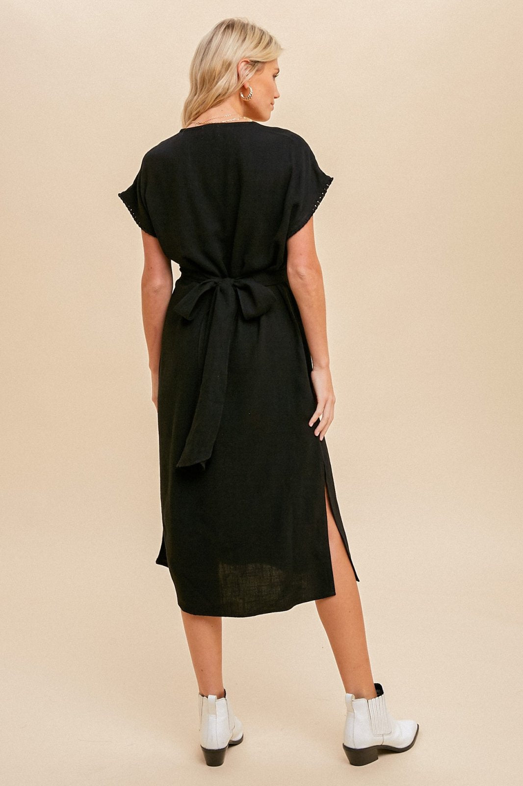 HEM & THREAD LINEN WRAP SPLIT HEM MIDI DRESS BLK showcasing a stylish back view with a tie and split hem.