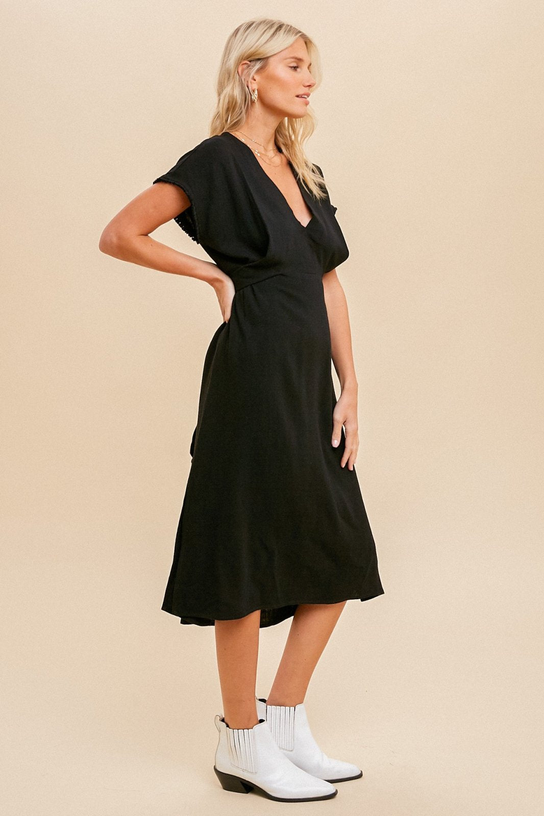 HEM & THREAD LINEN WRAP SPLIT HEM MIDI DRESS BLK styled with trendy boutique shoes at Raggdoll Boutique.